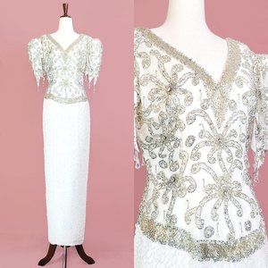 Vintage 80's Claire's Collection white and silver beaded gown